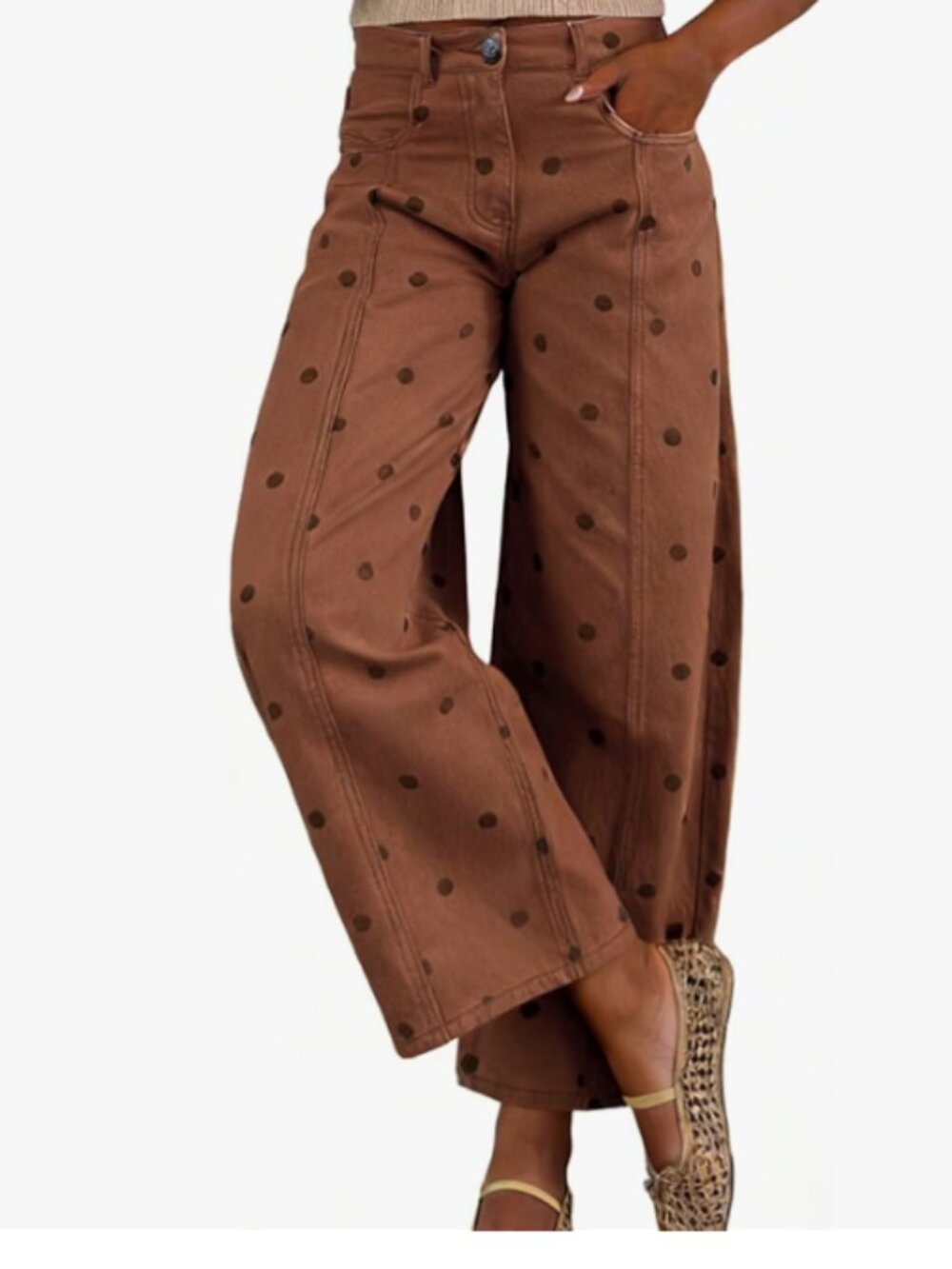 Chouyatou Women Polka Dot Wide Leg Barrel Jeans Mid Rise Ankle Pants Brown Small